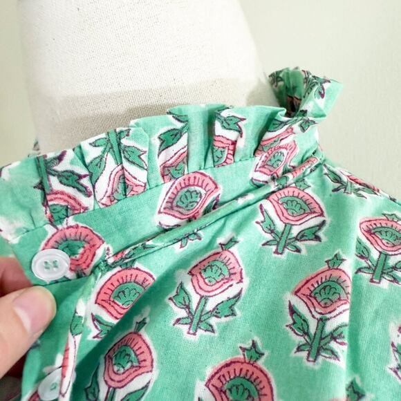 Marea Green & Pink Floral Print Blouse Small 100% Cotton Button Up Bubble Sleeve - Picture 4 of 9